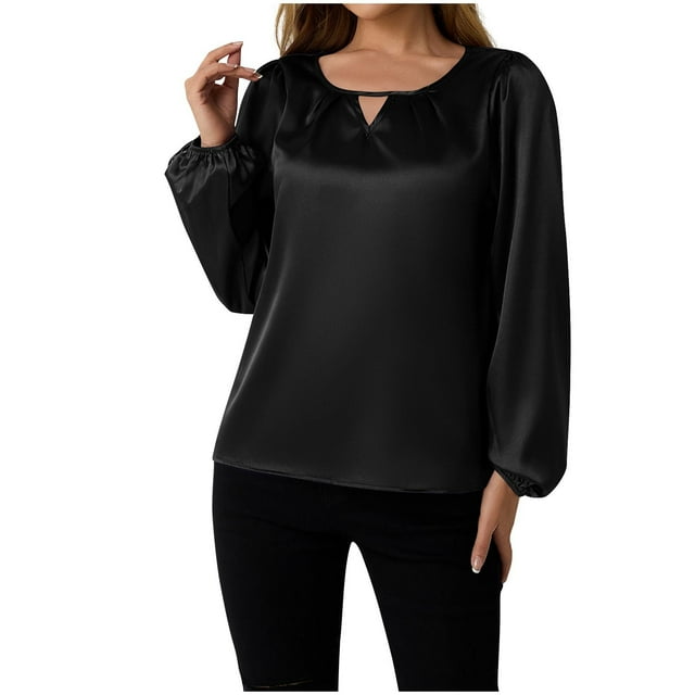 Blouses en Soie pour Femmes Col Rond Trous de Clé T-Shirts Manches Longues Blouse Coupe Décontractée Tendances Sweat Léger Tenues de Bureau