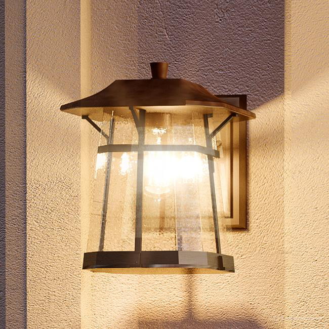 UQL1074 by Urban Ambiance Luxury Craftsman Outdoor Pendant Light with Craftsman Style Elements Large Size: 20H x 10W Elegant Estate Bronze Finish and Beveled Glass Gold Trimmed Design 