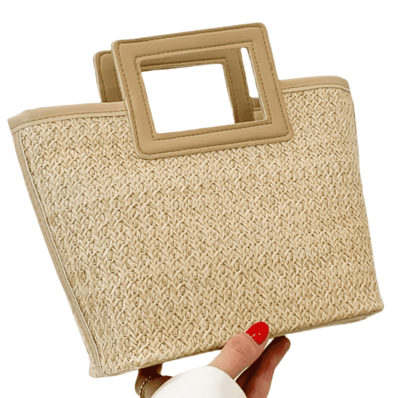 Women's Beige Straw Tote Bag - Square Open Handle Summer Vacation Handbag