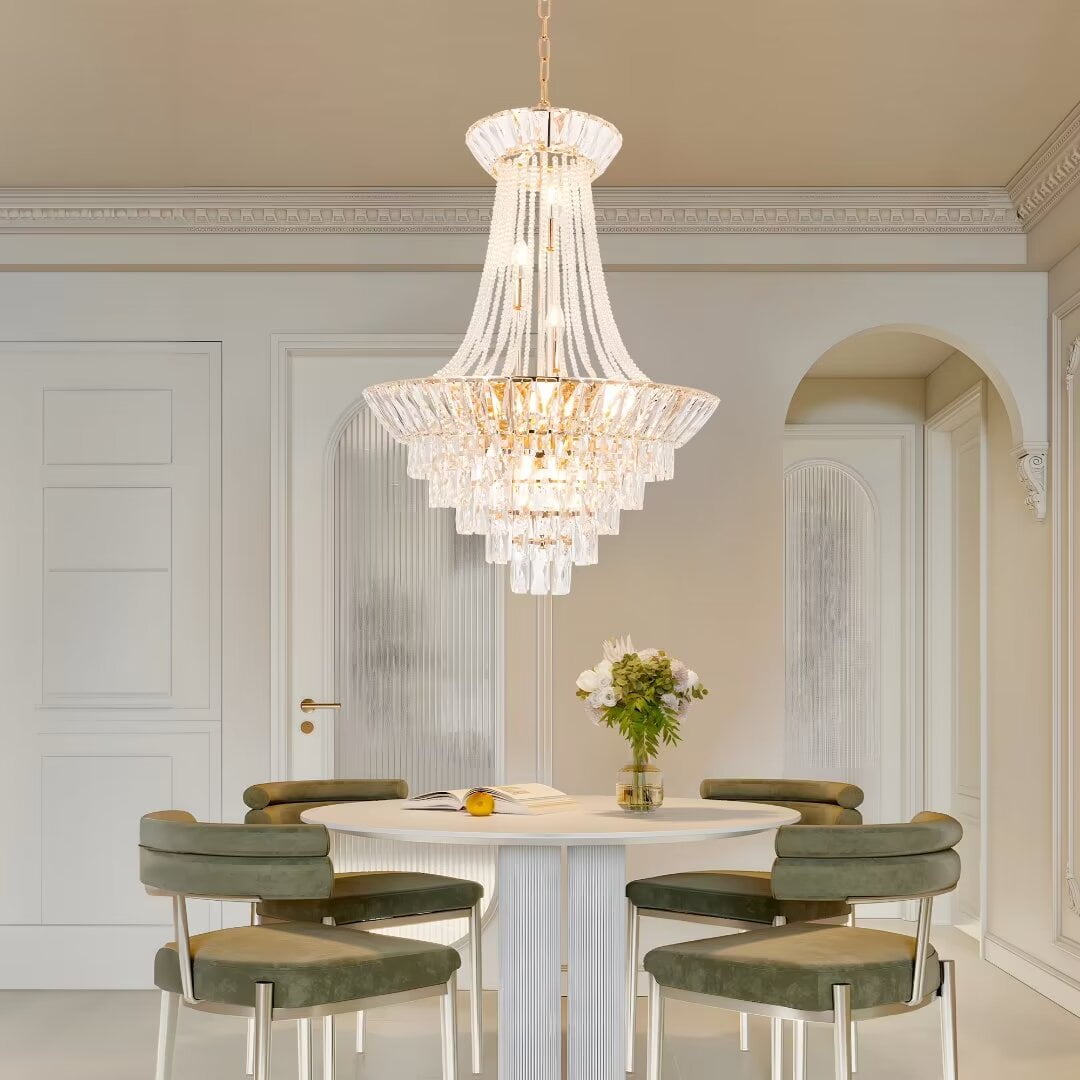 FINE MAKER French Empire Crystal Chandelier, High Ceiling Modern Chandelier, Gold Chandelier Fixture for Dining Room, Living Room (23″W x 53″H)