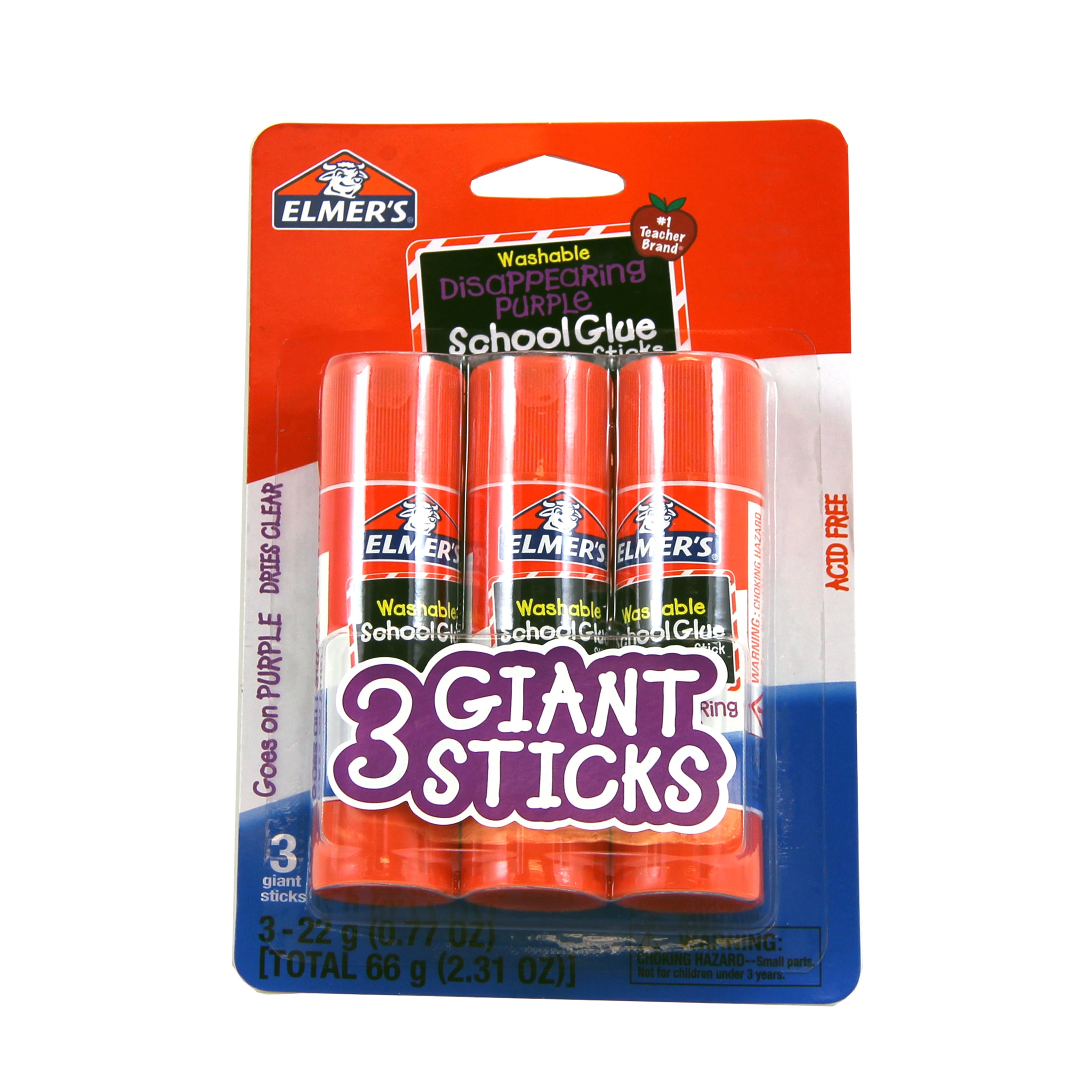 Elmer's Giant Disappearing Purple Washable School Glue Sticks, 3 Count