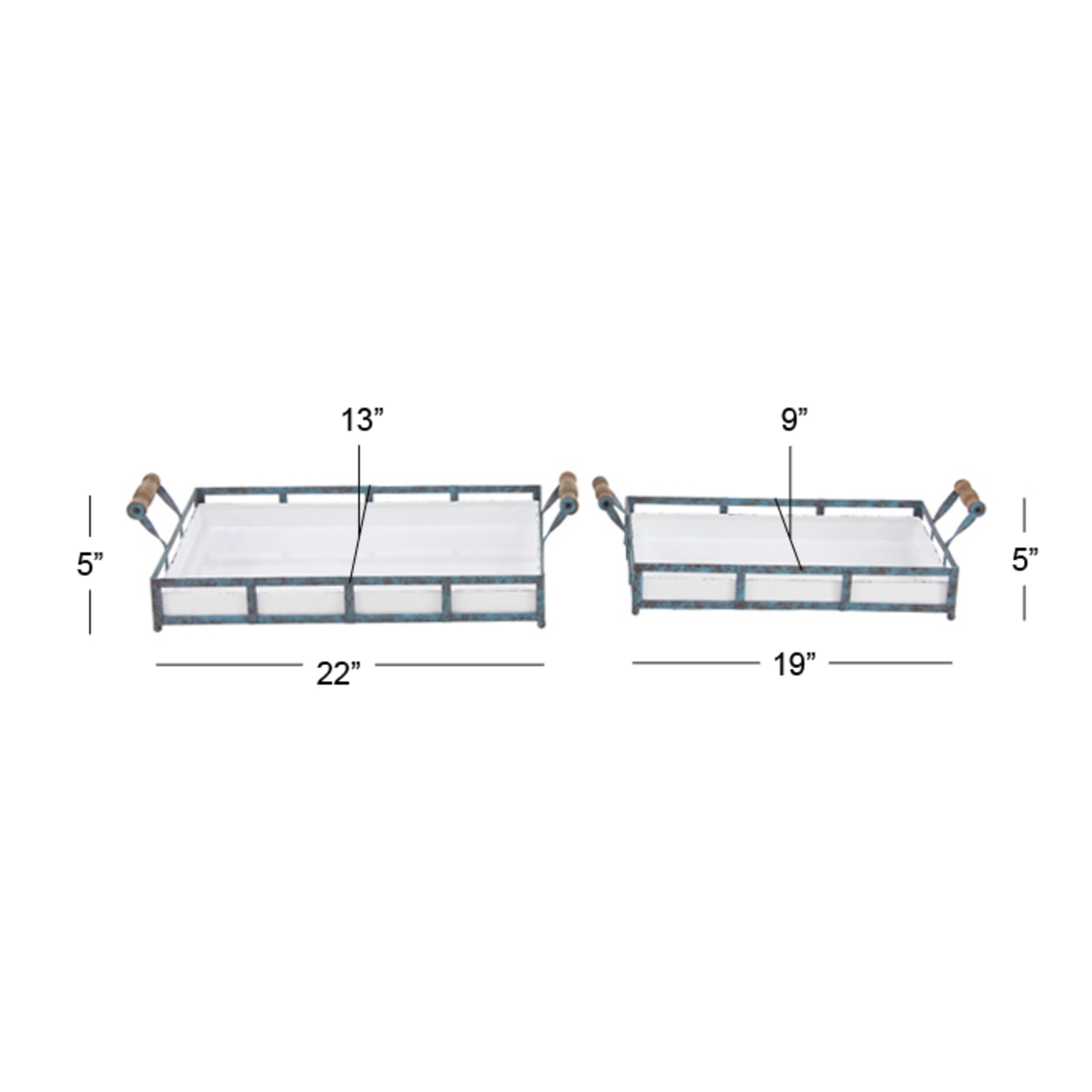 DecMode 22", 19"W Metal Farmhouse Tray, Blue, 2 - Pieces