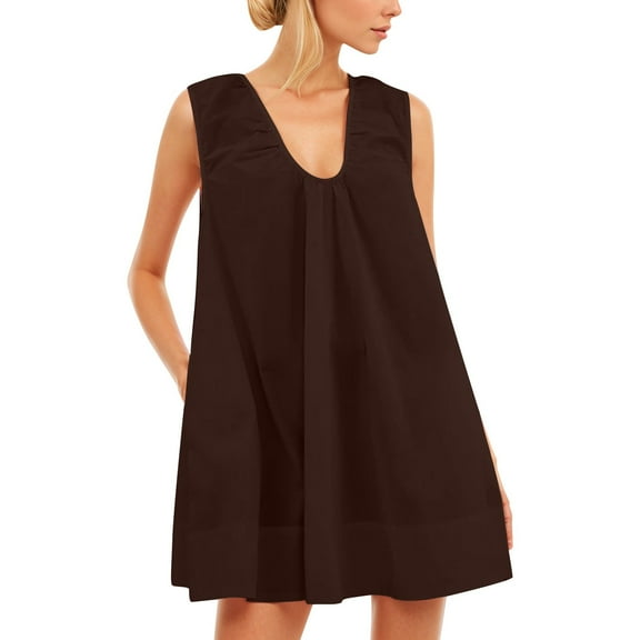 Women U Neck Ruched Mini Dress Sleeveless Short Summer Party Dress with Side Pockets,Brown,M