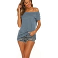 thumbnail image 3 of Camisetas de manga corta informales de verano con hombros descubiertos para mujer$Nuevo producto de verano europeo y americano Camiseta sexy sin tirantes informal de cuello redondo para, 3 of 6