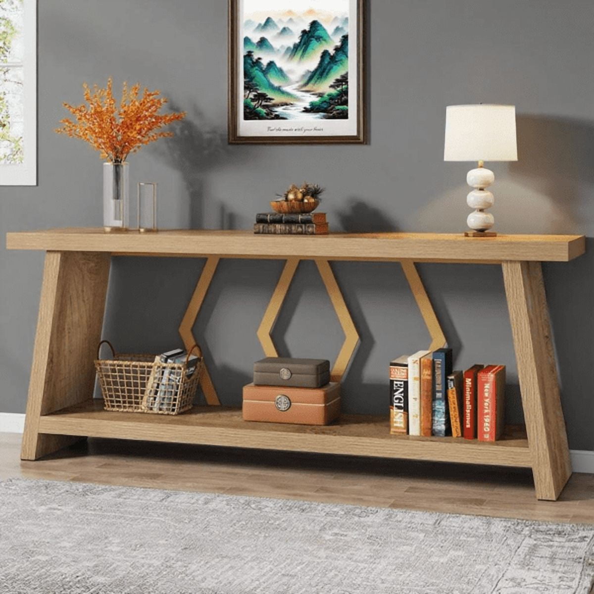 70.86" Extra Long 2-Tier Console Table - 1.97" Thick Engineered Wood, Modern Metal Frame, Sturdy Sofa Table for Living Room, Entryway, Foyer, Behind Couch