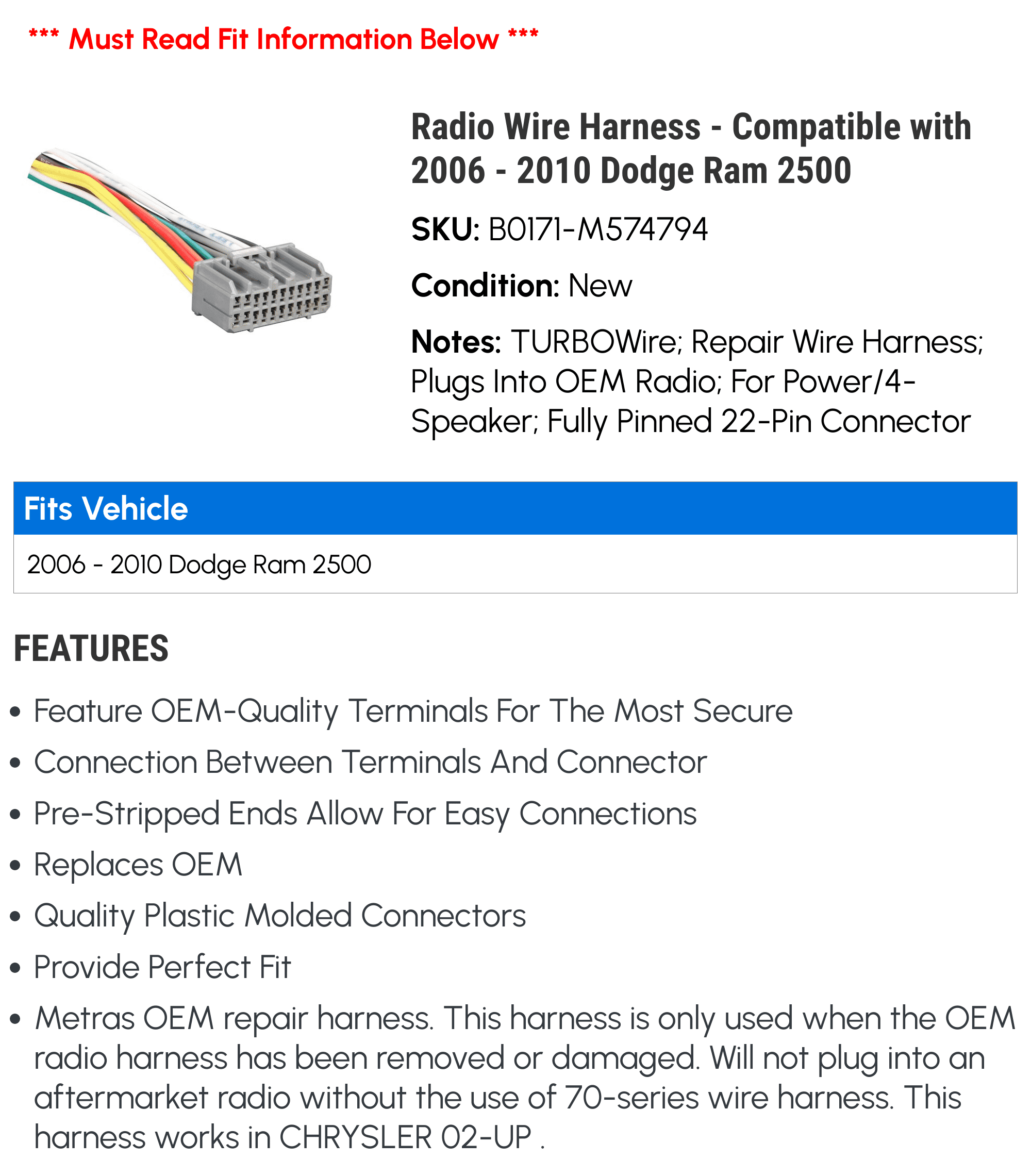 2006 dodge ram radio sale wiring harness adapter
