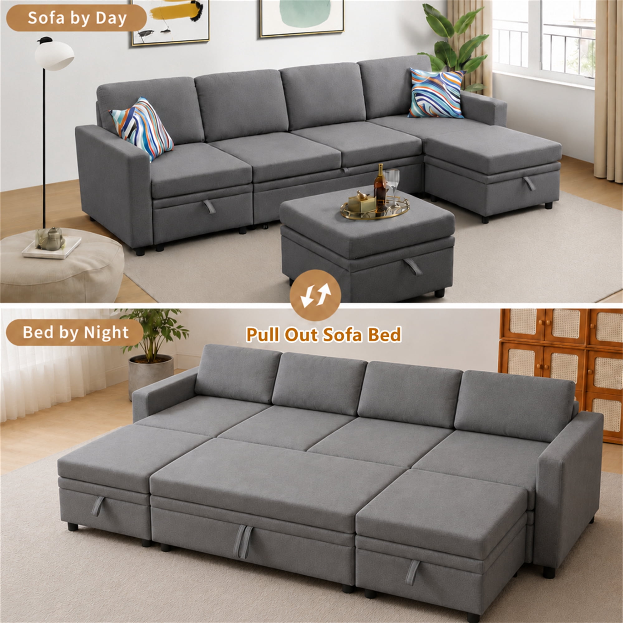 Aukfa 100" U-Shape Convertible Sectional Sleeper Sofa Bed for Living Room, 2 Storage Ottoman&Pillows, 6 Seat Modular Sofa, Linen, Gray