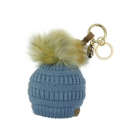 NYFASHION101® Pom Pom Beanie Key Chain Key Ring Handbag Tote Accessory - Denim