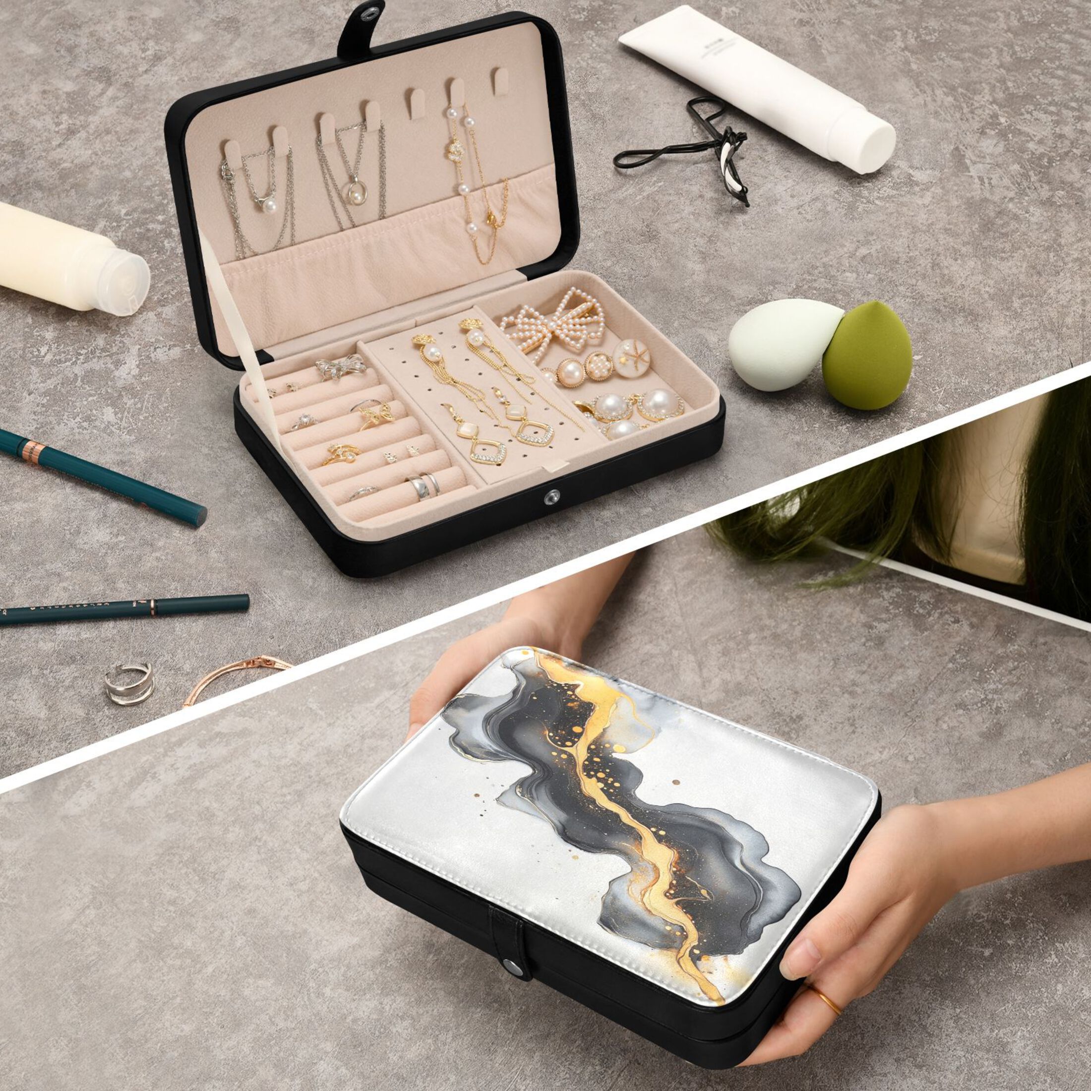 Leather Jewelry Box Rectangular 8.27x5.5x1.78In Travel Jewelry Storage Earrings Necklace Bracelet Watch Brooch Storage Beautiful Marble Pattern