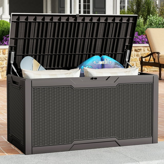 DEXTRUS Coffre de Terrasse Extérieur en Résine de 100 Gallons, Rangement pour Meubles de Patio Étanche et Verrouillable, Brun Foncé