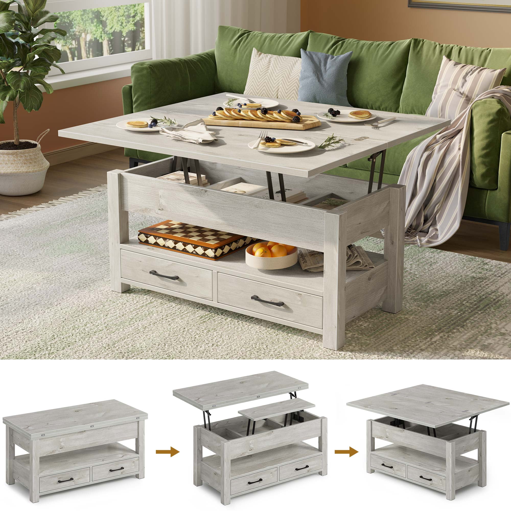 Greenstell Lift Top Coffee Table with Storage, Multi-Function Dining Table, 39"Wide, Gray