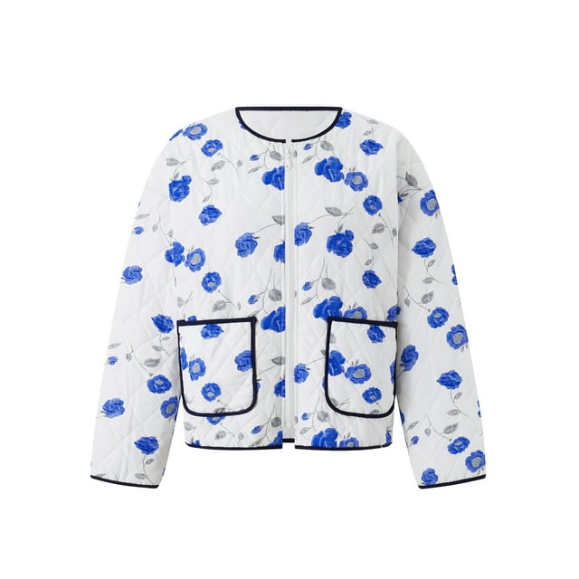 SUNSIOM Veste Zippée pour Femmes Florale/rayée Légère Matelassée Manches Longues Manteau d'Hiver