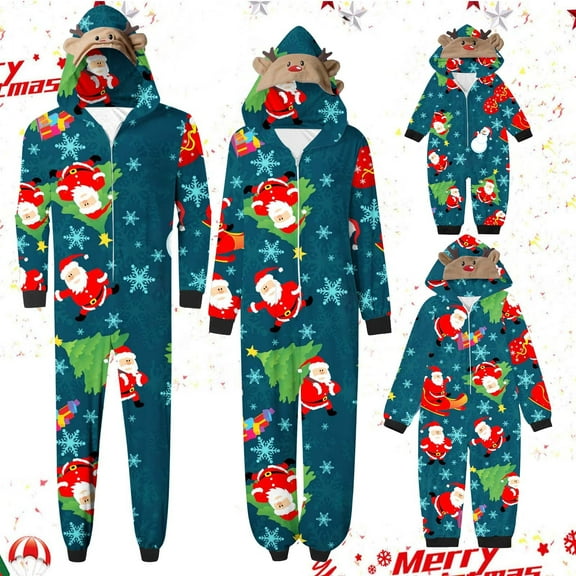 Odeerbi Matching Family Christmas Pajamas Sets Parent-Child Xmas Warm Hooded Jumpsuit Printed Home Wear Set Loungewear Sleepwear Jammies for Mom