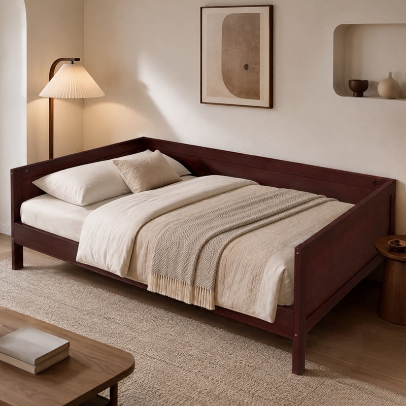 Euroco Wood Twin Size Daybed, Sofa Bed with Slats, No Box Spring Needed, Dark Walnut