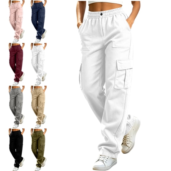 Outdoor Cargo Pants for Women Elastic Waist Button Zipper with Pockets Hiking Casual Solid Fashion Trousers