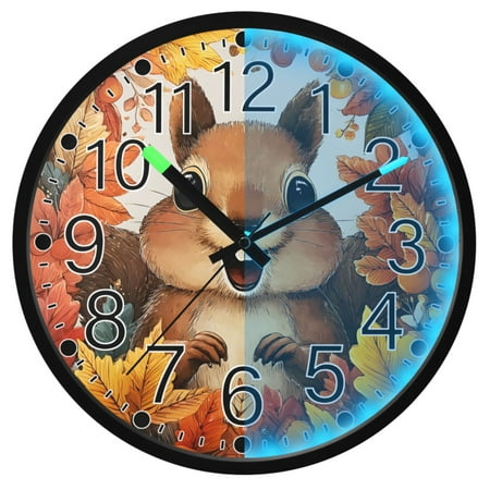Ryvnso Squirrel Maple Leaf 12 Inch Night Light Wall Clock Silent Battery Operated Luminous Clocks