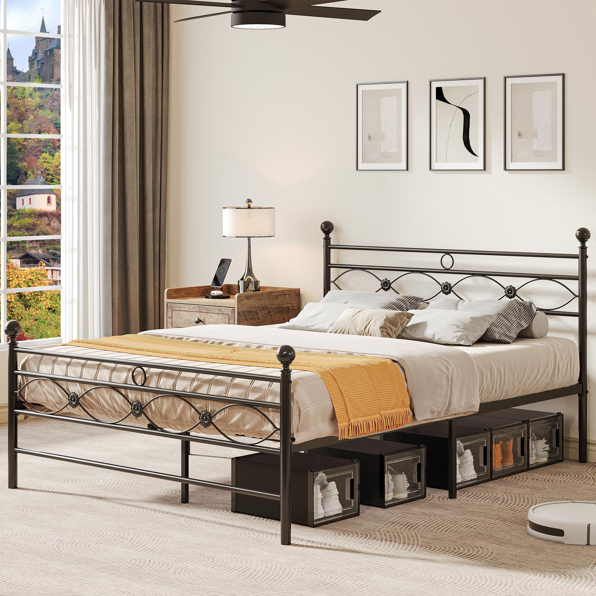 Dextrus Industrial Full Size Platform Metal Bed Frame with Headboard & Soundproof Cotton, No Box Spring Needed