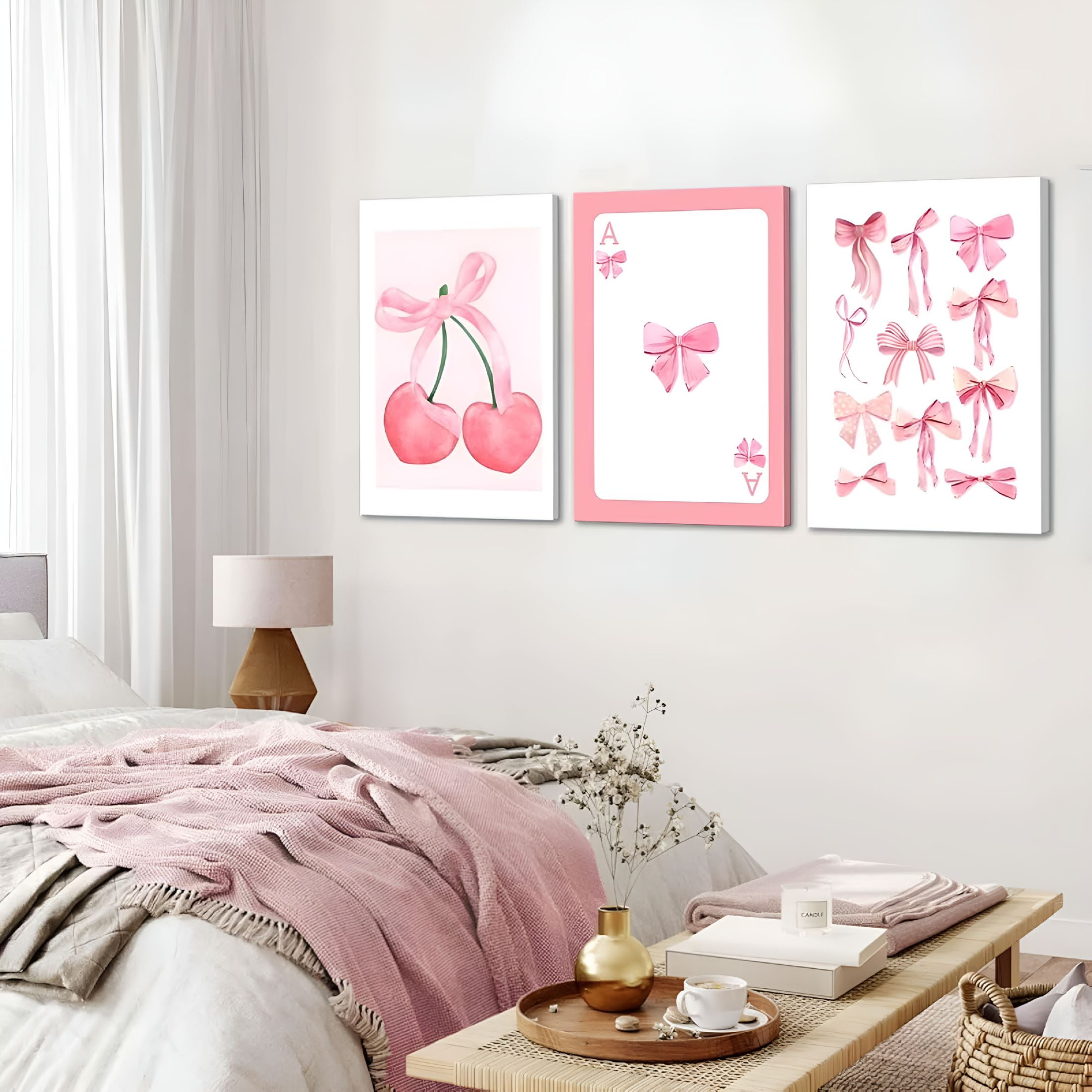 LAMIRO 3Pcs Pink Bows Canvas Wall Art Watercolor Bows Wall Decor Pictures Room Decor Aesthetic Posters Prints for College Apartment Bedroom Decoration 12x16in