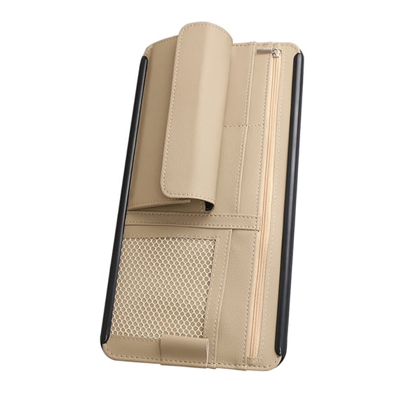 MoreChioce Sun Visor Bill Holder PU Leather Car Card Case ID Business Card Coins Phone Organizer Bag with Glasses Box Beige