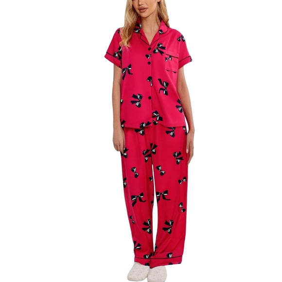GDREDA Lightweight Sleepwear for Women Valentine's Day Bow Printed Pajama For Women's Set Pants With Button Pocket Cute Style Women Pajama Sets pyjamas Hot Pink,S