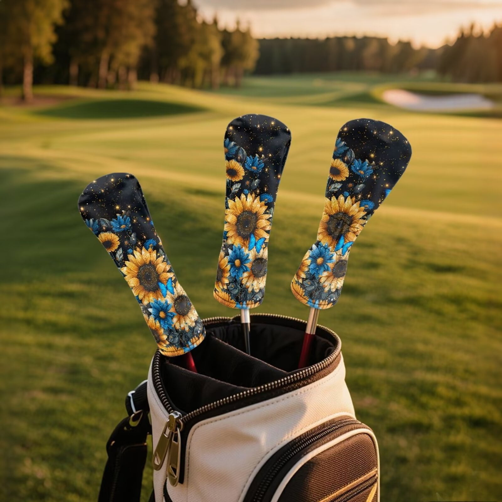 Uorisanigo Golf Headcovers Set, 3pcs Golf Club Head Covers - Sunflower Blue Butterfly Driver Headcover Fits up to 460cc Drivers, Golfs Fairway Wood Headcover and Hybrid Head Cover