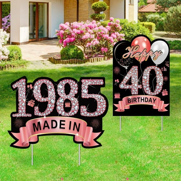 Rose Gold 40th Birthday Yard Signs for Women, 2Pcs Lawn Decor with 1985 Year Made, Forty Year Old Party Stakes, Reble Outdoor Celebration Decorations, black