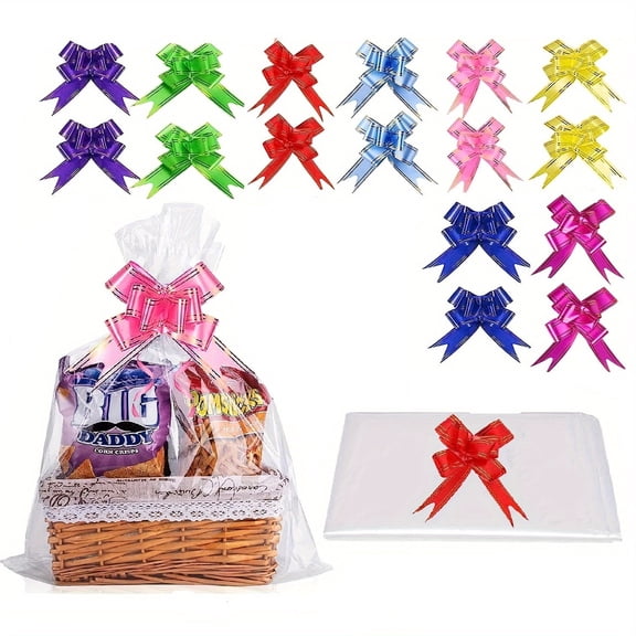 16PCS Large Clear Cellophane Bags, 40×30 Inch Cellophane Bags for Gift Baskets, Extra Large Gift Wrap Cellophane Bags with Bright Bow Ties, Durable Plastic Wrap for Weddings, Christmas, Fruit Baskets