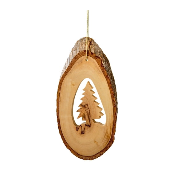 4" Brown Olive Wood Christmas Tree in Rustic Bark Slice Hanging Ornament