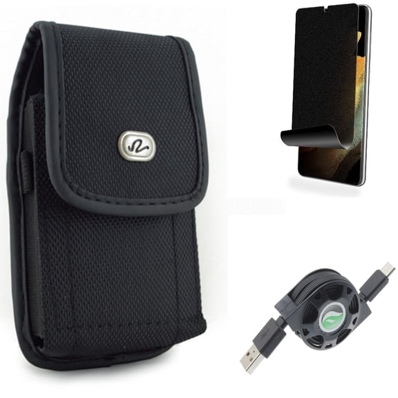 USB Cable & Privacy Screen Protector & Case Belt Clip for Samsung Galaxy S22 Plus (S22 ) - Combo Retractable Type-C Charger & TPU Film (Fingerprint) Anti-Peep & Rugged Holster