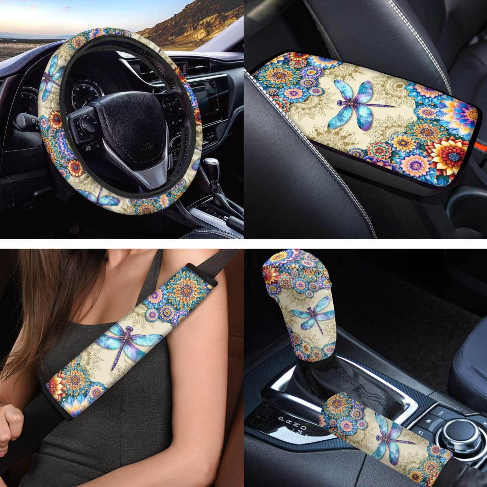 Uorisanigo 18 Pcs Car Seat Cover Dragonfly Mandala with Seat Belt Shoulder Pad Full Set Universal Steering Cover Armrest Covers Headrest Cushion Handbrake Grip Protector Coasters Keychains