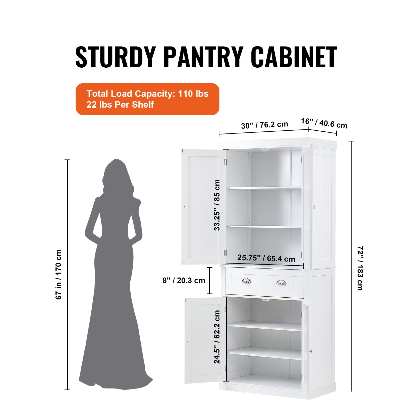 KFFKFF 72" Kitchen Pantry Storage Cabinet with 4 Doors 3 Adjustable Shelves for Kitchen, Living Room and Dinning 110LB Loading