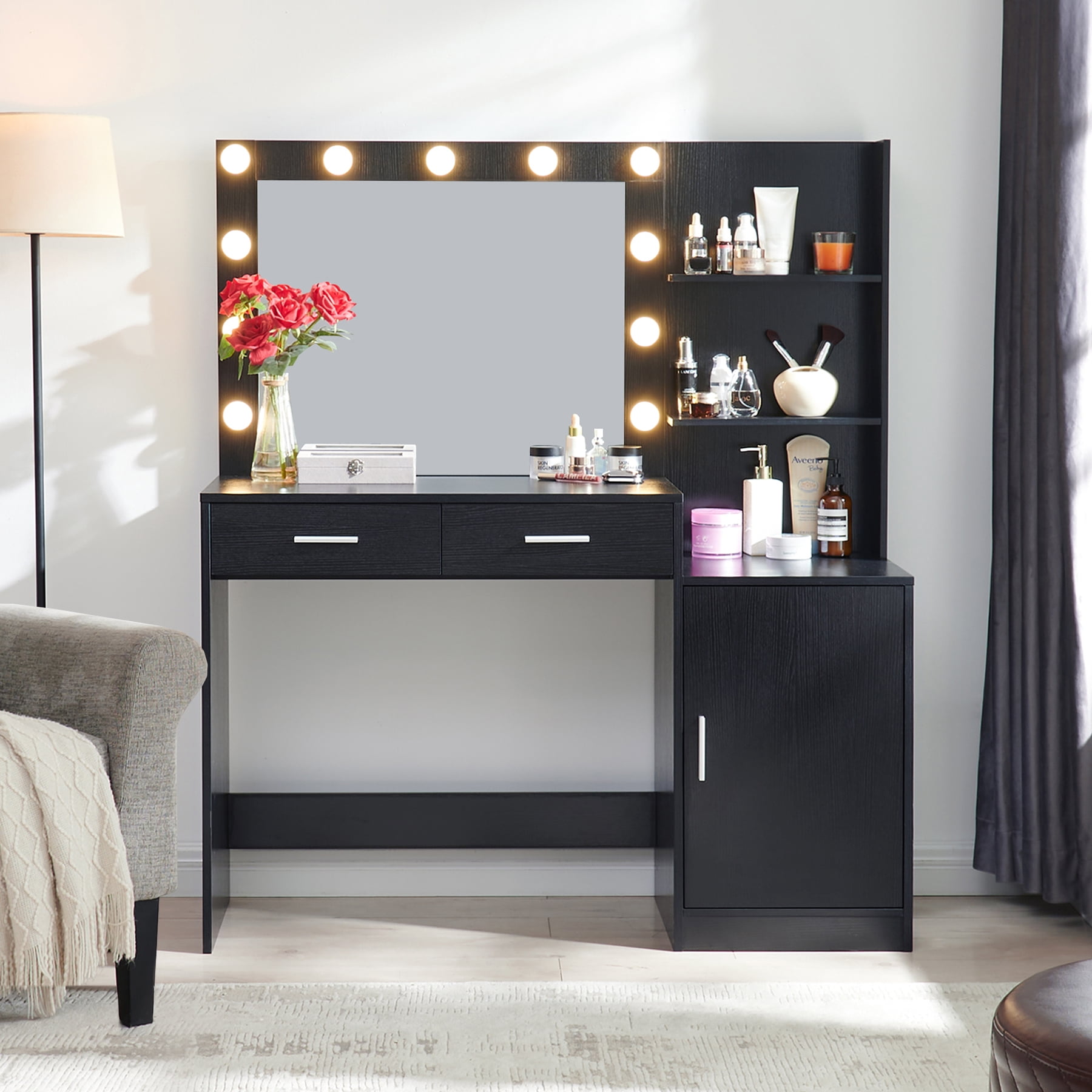Hommoo 46.4" Vanity Desk with Mirror, 3 Colors Lights, 2 Drawers & Open Storage, Makeup Vanity Dressing Table for Bedroom, Black