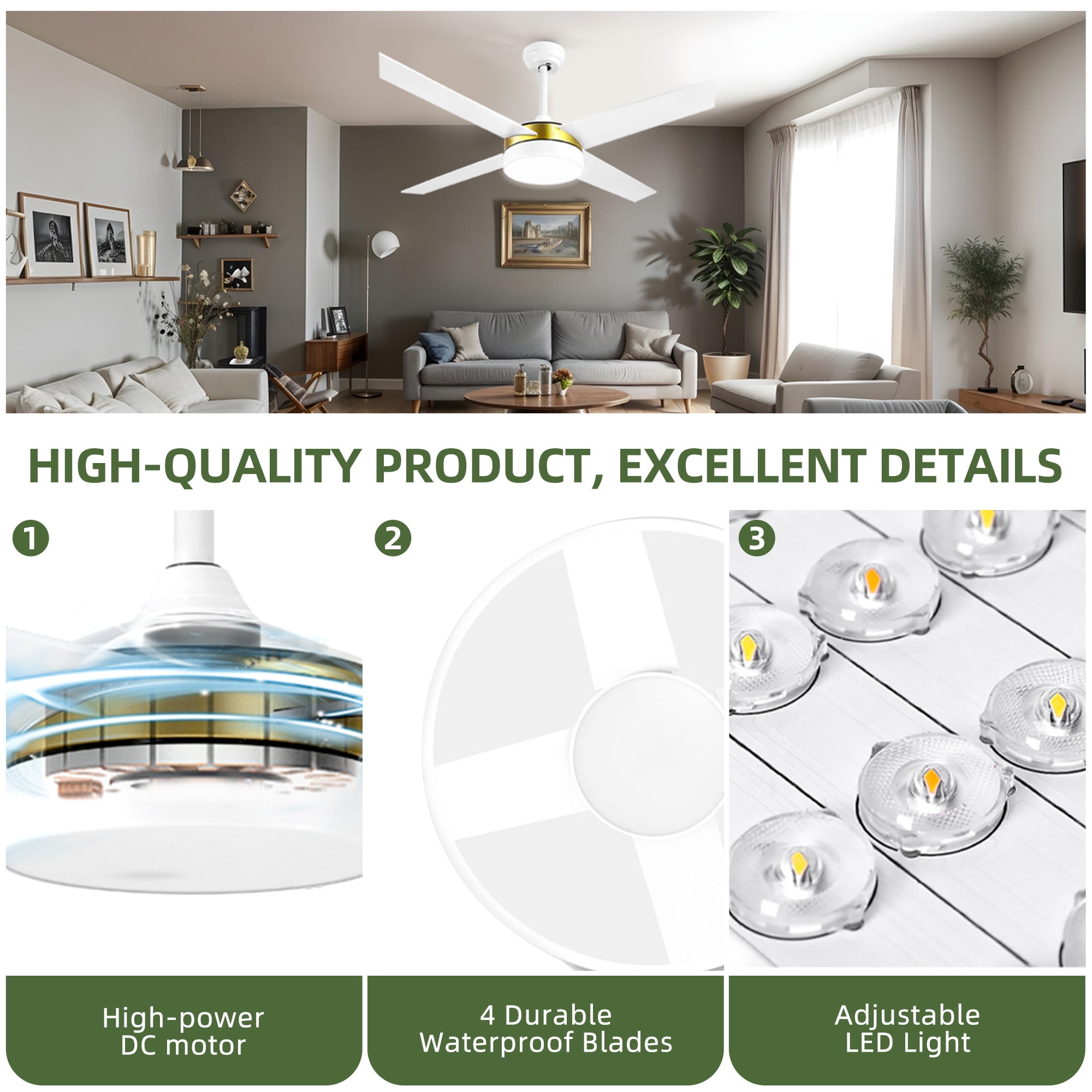 Uforic 52 Inch Ceiling Fans with Light and Remote, Modern Dimmable Fan for Indoor Outdoor