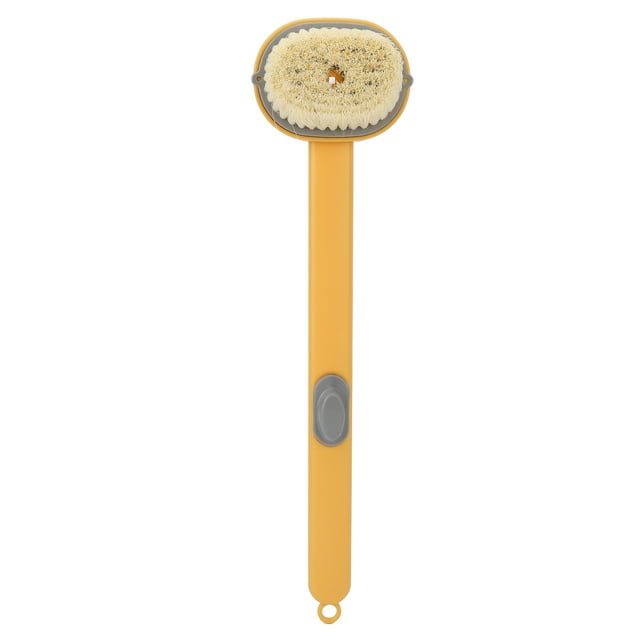 Cepillo de baño de mango largo con cerdas suaves y botón, cabezal extraíble, cepillo de baño corporal, color amarillo