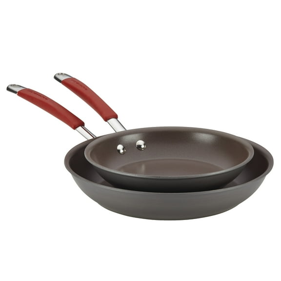 Rachael Ray Cucina 9 inch and 11 inch Hard-Anodized Nonstick Frying Pans, Red Handles