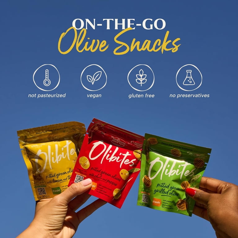 Olibites Grilled Pitted Green Olives, Allergen-Free Snack, 1 oz