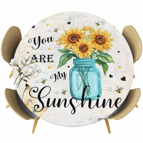 You Are My Sunshine Round Fitted Table Cover Vintage Sunflower Bee Farm Waterproof Table Cloth with Elastic Edge Wipeable Tablecloth for Picnic Camping Party Fits 36"-44" Diameter