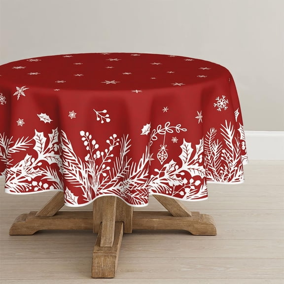 Horaldaily Christmas Tablecloth 60×60 Inch Round, Floral Leaf Red Washable Table Cover for Party Picnic Dinner Decor