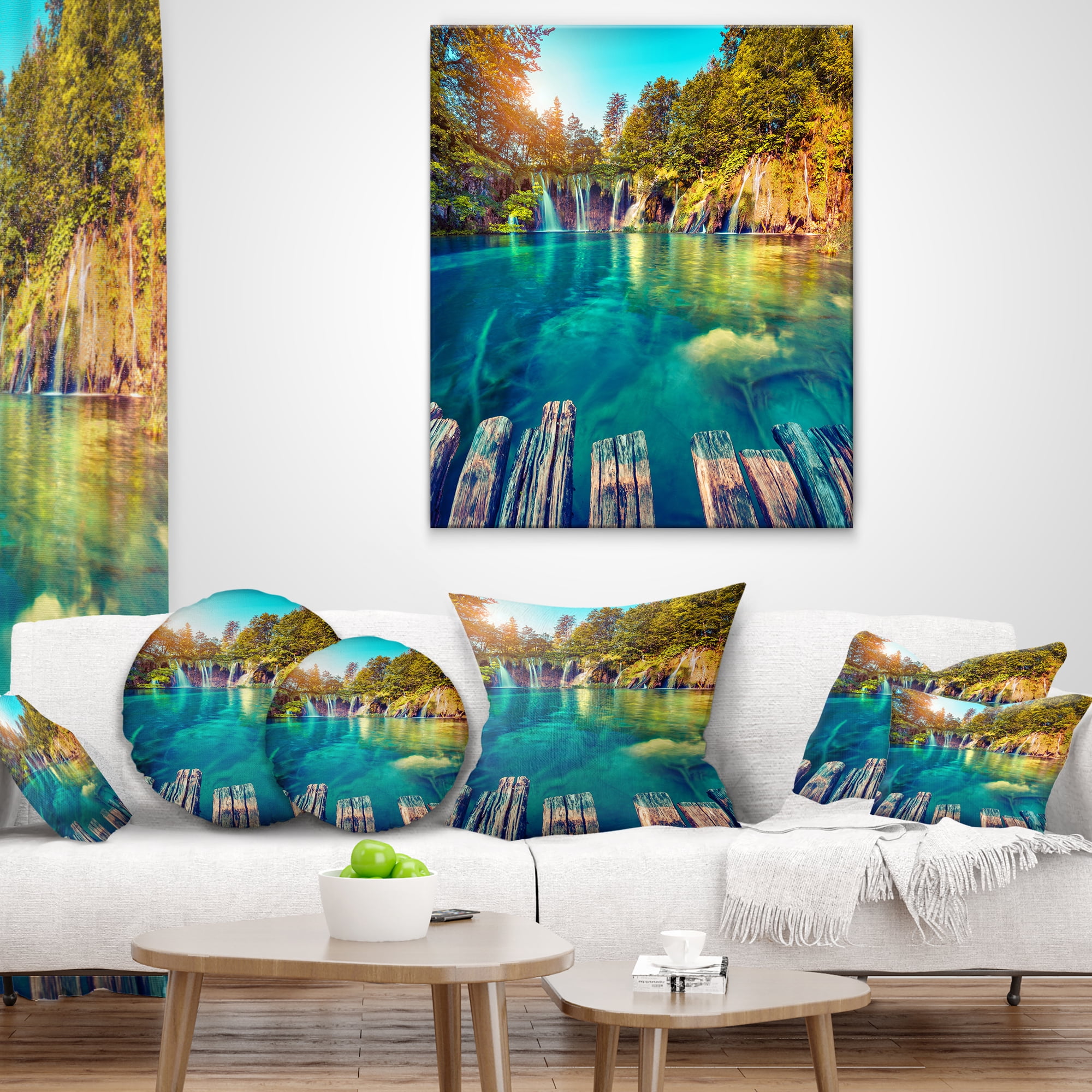 Designart Blue Waters in Plitvice Lakes - Landscape Photo Throw Pillow - 16x16