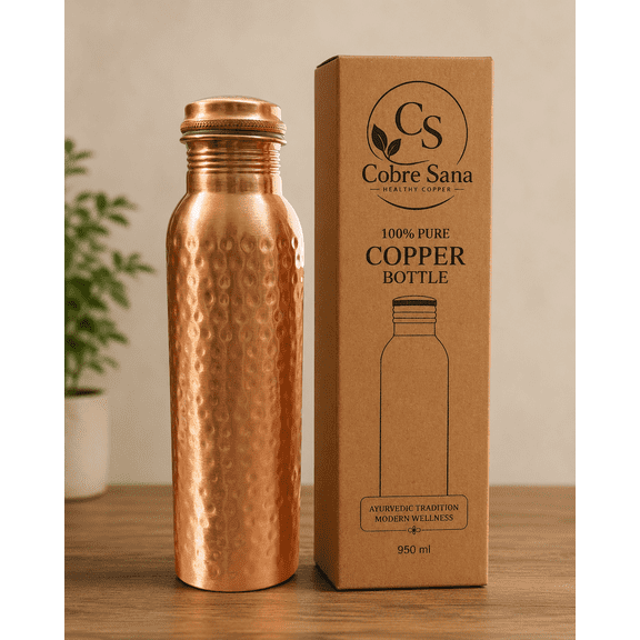 Copper Water Bottle 34 Oz | Pure Copper Hammered Ayurvedic Bottle | Leak Proof Lid | Heavy Gauge Durable Build | Metallic Finish | Pack of 1
