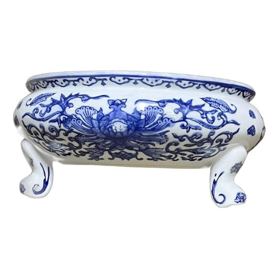 9.5"" Diameter Oriental & Vine Design Blue & White Bamboo Catus Planter Popourri Holder Bowl with Decorative Feet