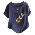 thumbnail image 2 of Aoochasliy Blouses for Women Clothes Plus Size Women Short Sleeve Cotton Linen O-Neck Button Print Blouse Top T-Shirt, 2 of 3