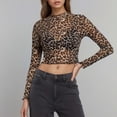 thumbnail image 2 of Womens Tops Casual T Shirts Elegant Mesh Leopard Print Cropped Long Sleeve Basic Slim Undershirts Beige, 2 of 7