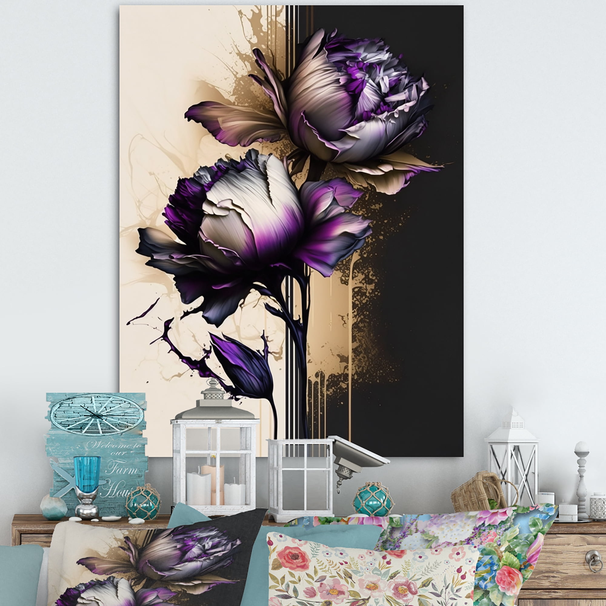 Designart Puple Peony Flower On Abstract Paint V Canvas Wall Art