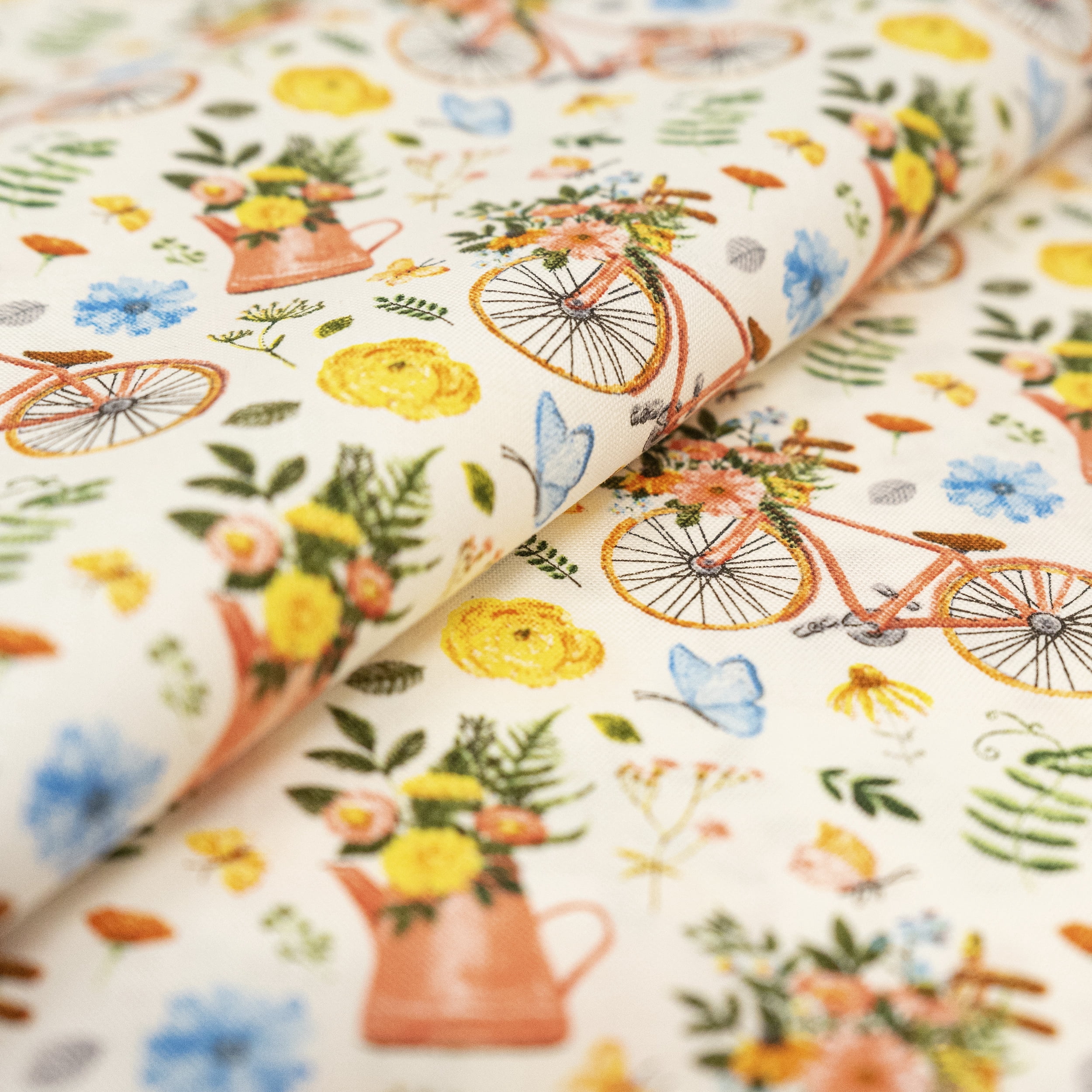 Singer Print Fabric, 100% Premium Cotton, Sewing Quilting, 44 inch, Bikes And Gardening White 3 Yard Cut