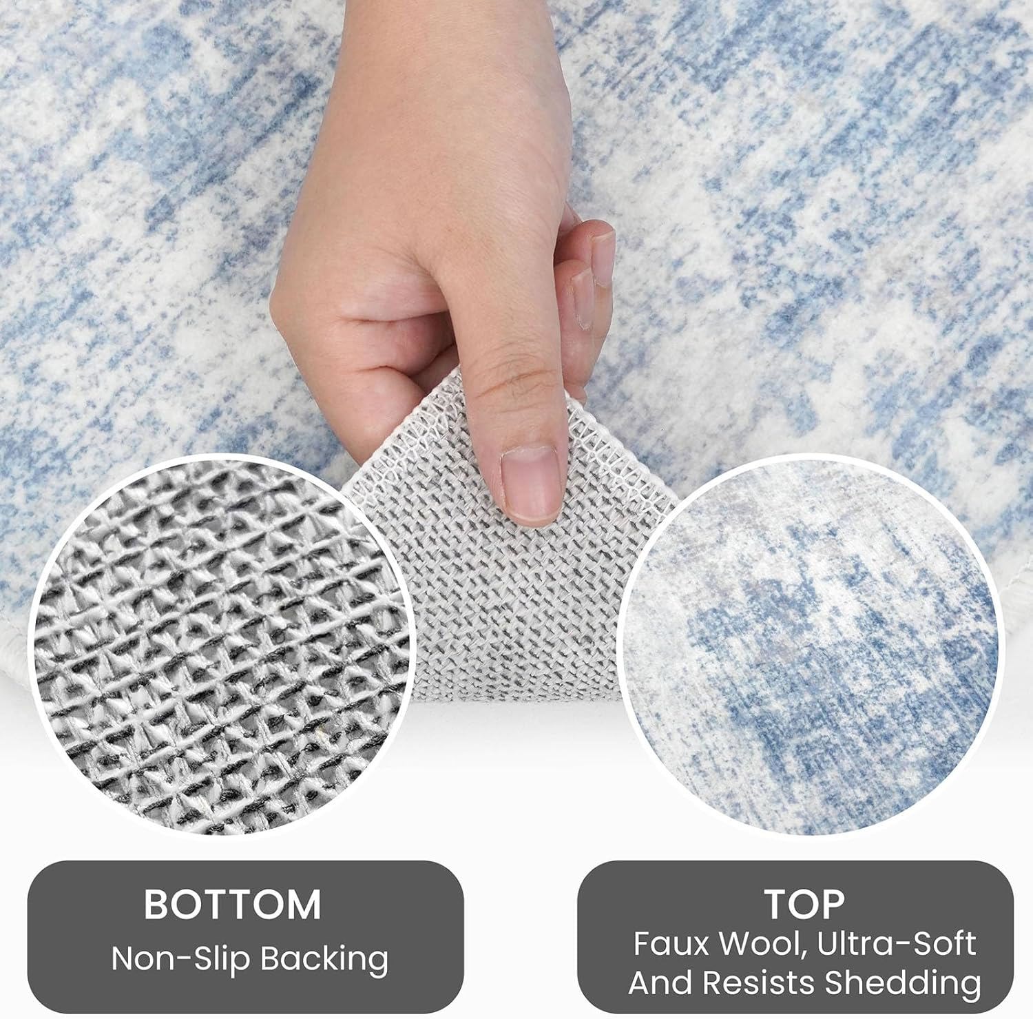 iOhouze Runner Rugs 2x6 Washable Runner Rug for Hallways Non Slip Kitchen Runner Low Pile Soft Printed Faux Wool Abstract Floor Runner for Inodoor Bedroom Entryway Laundry Room, Light Blue/Grey/White