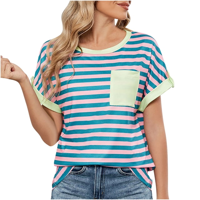 Liquidation! T-Shirt Grande Taille pour Femmes, Blouse à Manches Courtes d'Été pour Femmes, Nouveau Chandail à Col Rond à Manches Courtes avec Poche Rayée Décontracté pour Femmes