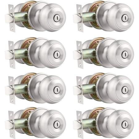 Probrico 8 Pack Interior Privacy Door Knobs Keyless Door Lock Lockset Round Doorknobs in Satin Nickel Door Locks for Bedrooms and Bathrooms Adjustable Latch Backset 8Pack Modern Keyless-privacy Knobs