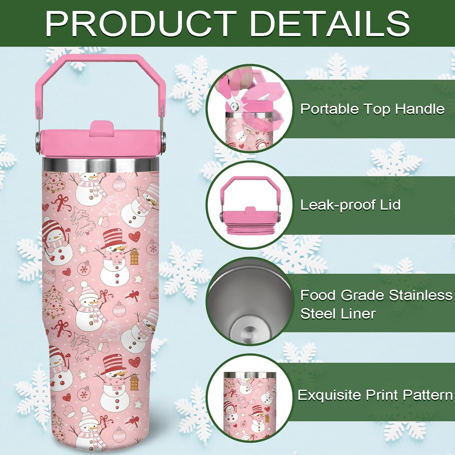 30oz Christmas Tumbler With Handle Lid and Straw, Stainless Steel Pink Xmas Snowman Insulated Coffee Cup, Christmas Gifts for Women/Mom/Daughter/Aunt/Girlfriend