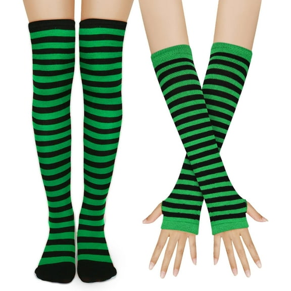 JIANFANG Womens Rainbow Striped Knee High Thigh High Socks Arm Warmers Set Fingerless Gloves Halloween Costume